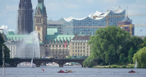 Beautiful view of city hall, Elbphilharmonie and Lombard bridge in Hamburg, Germany