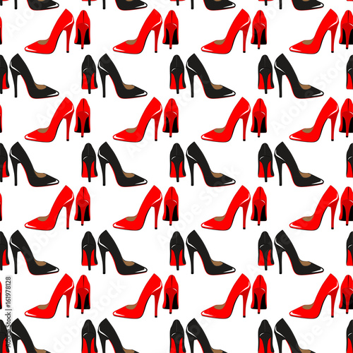 Seamless background from fashion shoes. Pattern of black and red shoes