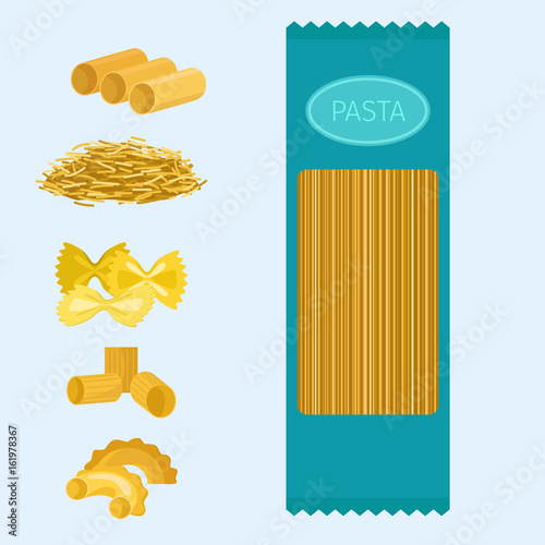 Different types of pasta whole wheat corn rice noodles organic food macaroni yellow nutrition dinner products vector illustration