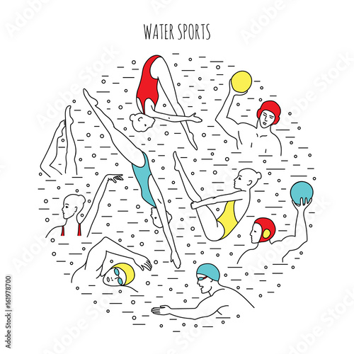 Water sport vector illustration. Round composition with swimmers, water polo players, divers, synchro-swimmers. EPS 10 isolated on white.