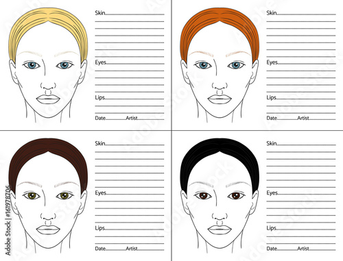 Female face chart  blank set for professional make-up artists. Different colours of hair and eyes. EPS 10 vector.