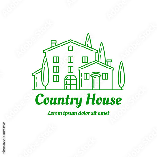 Country house icon design. ?ountryside villa logo template. Line art illustration. EPS 10 vector. Isolated on white. 