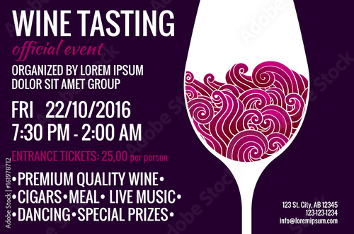 Wine tasting party flyer with stylized glass of red wine with swirls inside. Degustation invitation. EPS 10 vector design template.