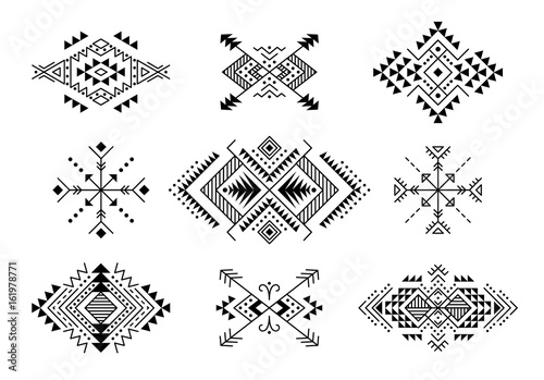 Set of Aztec style ornaments and arrows. American indian ornamental pattern design collection. Tribal decorative templates. Ethnic ornamentation. EPS 10 vector. Isolated on the white background.