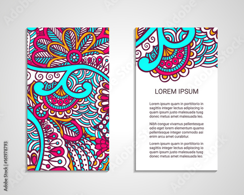 Indian style flyer with bright colorful ornament. Front and back pages. Ornamental vertical blank with ethnic motifs. Oriental design concept. EPS 10 vector illustration. Clipping masks. Isolated.