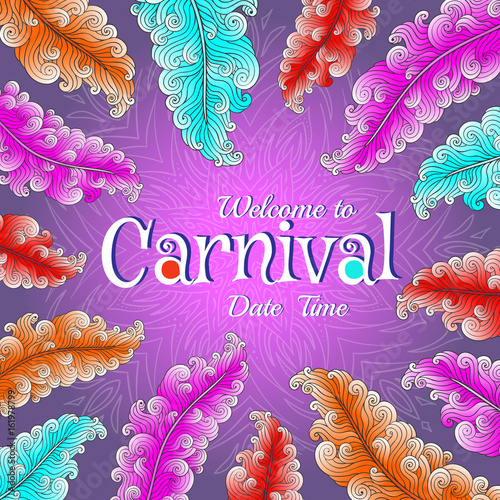 Carnival poster with colorful feathers. EPS 10 vector background.