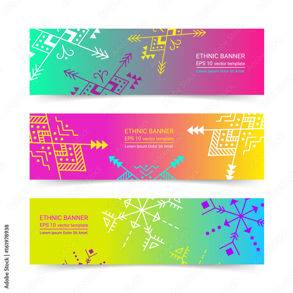 Bright colorful horizontal gradient banner design temlpate set with tribal aztec style ornament. Ethnic background collection. EPS 10 vector website header concept illustration. Clipping masks.