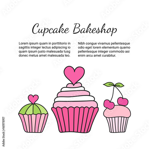 Cupcake brochure. Colored decorative card template of elegant hand-drawn sweets. Cookery design flyer. Culinary concept booklet. EPS 10 vector illustration.