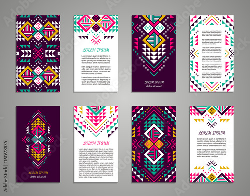 Aztec style colorful vertical flyer set. American indian ornate pattern design. Front and back pages. Ornamental collection with ethnic motifs. Tribal decorative template. EPS 10 vector concept.