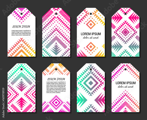 Bright colorful vertical gradient tag design temlpate set with tribal aztec style ornament. Ethnic label collection. EPS 10 vector concept illustration. Clipping masks.