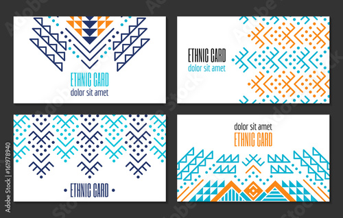 Aztec style colorful business card set. American indian ornamental pattern design. Ornate blank with ethnic motifs. Tribal decorative template. EPS 10 vector concept.	