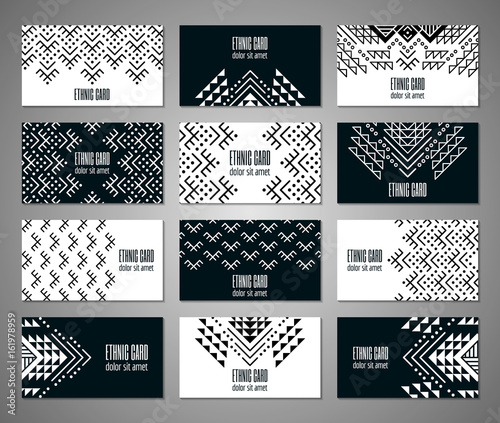 Aztec style black and white business card set. American indian monochrome ornamental pattern design. Ornate blank with ethnic motifs. Tribal decorative template. EPS 10 vector concept.  photo