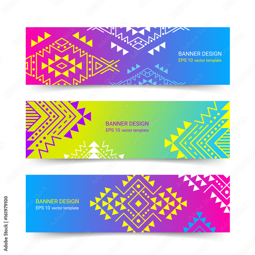 Bright colorful horizontal gradient banner design temlpate set with tribal aztec style ornament. Ethnic background collection. EPS 10 vector website header concept illustration. Clipping masks.