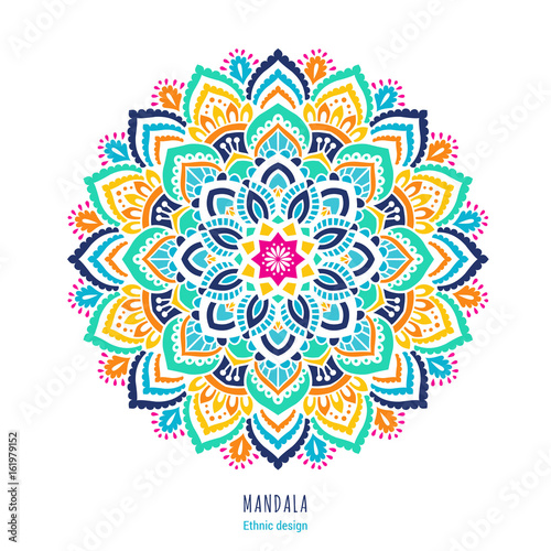 Indian colorful; mandala ornamentation design. Asian traditional mehandi style decor. EPS 10 vector illustration isolated on the white background.