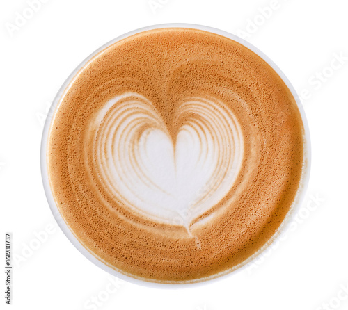 Photographie Top view of hot coffee cappuccino latte art heart shape foam isolated on white b