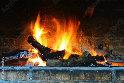 Roast, bright flame in the fireplace. Burning firewood.