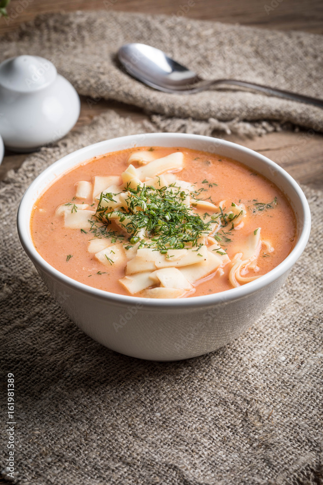 Fresh tomato soup with rice.