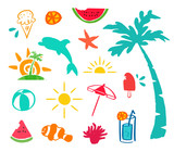 Summer hand drawn beach icon element set