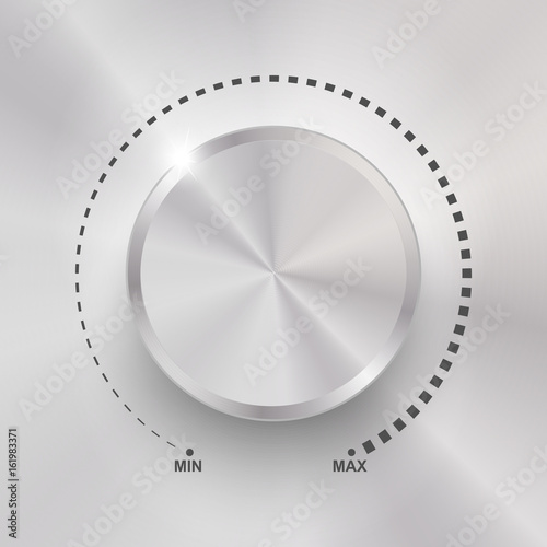 Volume button, sound control, music knob with metal texture and number scale isolated on background