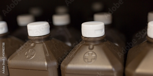 Hydrogen peroxide bottles.