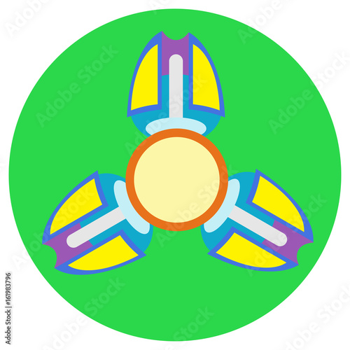 Yellow with purple spinner with three blades a flat style. Vector image on a round light green background. Element of design, interface