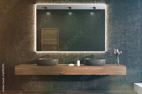 Mirror on a black bathroom wall, sinks toned © ImageFlow