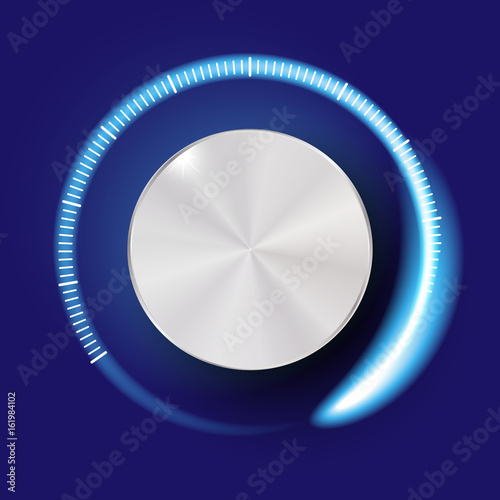 Volume button, sound control, music knob with metal texture and number scale isolated on background