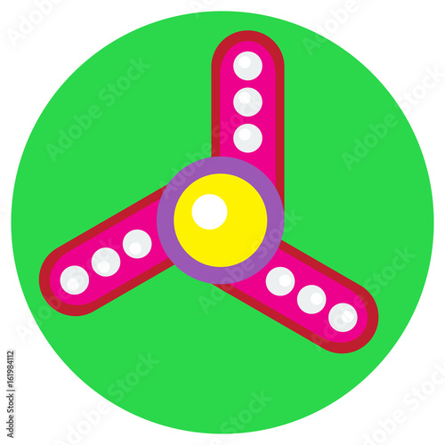 Pink spinner with white balls a flat style. Vector image on a round light green background. Element of design, interface