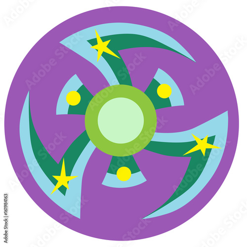 Blue and green spinner with pointed blades a flat style. Vector image on a round purple background. Element of design, interface
