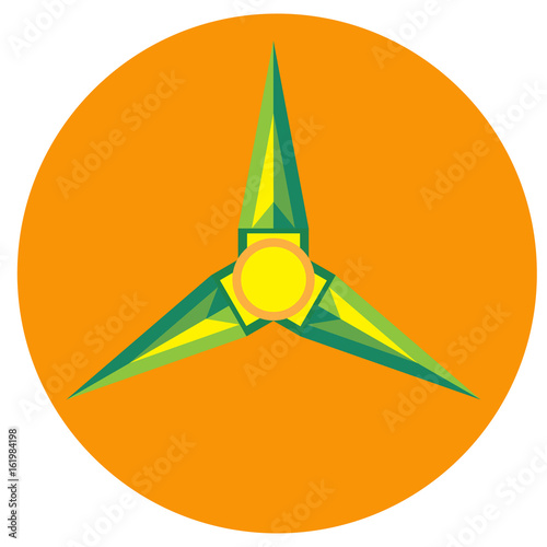 Yellow with green spinner blades with pointed triangular a flat style. Vector image on a round orange background. Element of design, interface