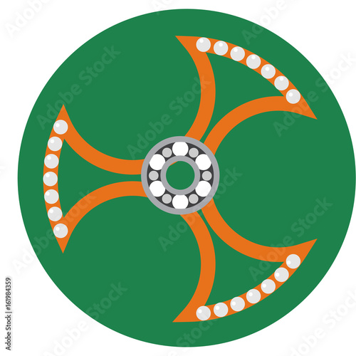 Orange spinner with transparent center and bearing a flat style. Vector image on a round dark greenbackground. Element of design, interface