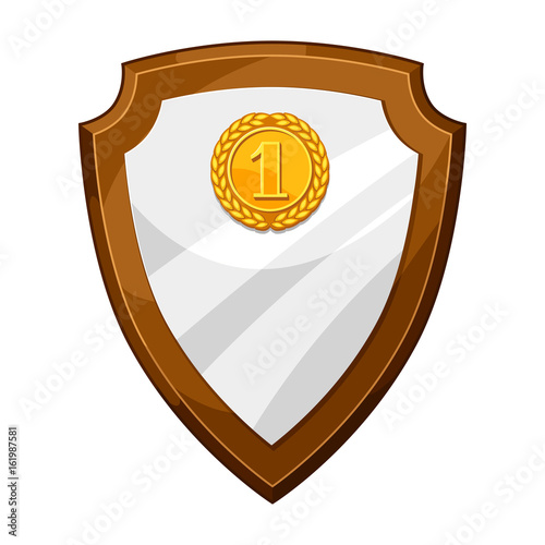 Wood plaque award board with gold medal. Illustration of shield for sports or corporate competitions