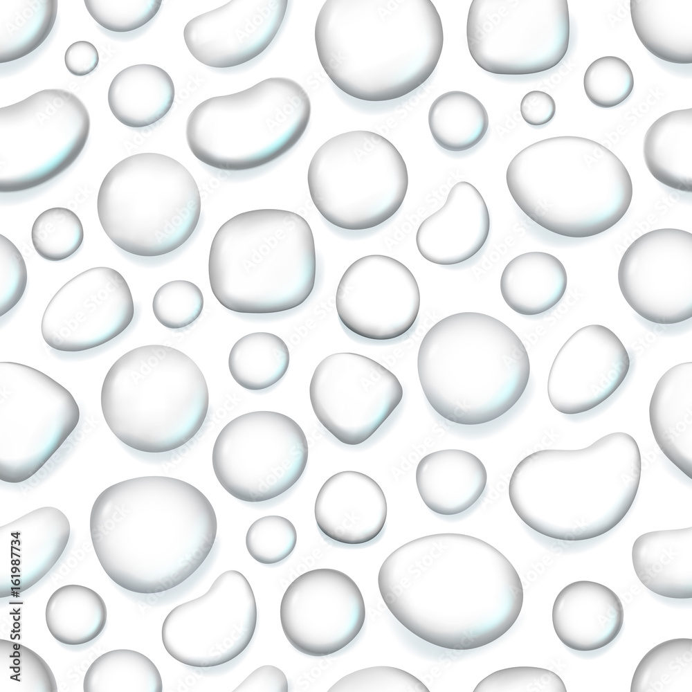Different water drops vector seamless background. Transparent liquid elements