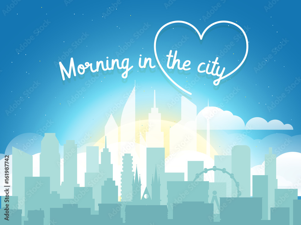 Modern cityscape in the morning vector illustartion. Office builngs houses and scyscrapers