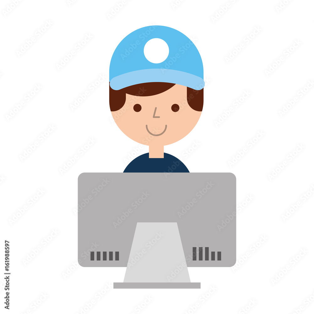 delivery worker with computer avatar character vector illustration design