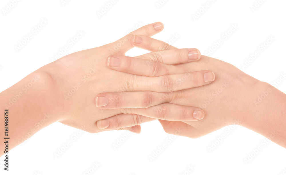 Hands of woman suffering from pain in joints on white background. Concept of orthopedist attendance