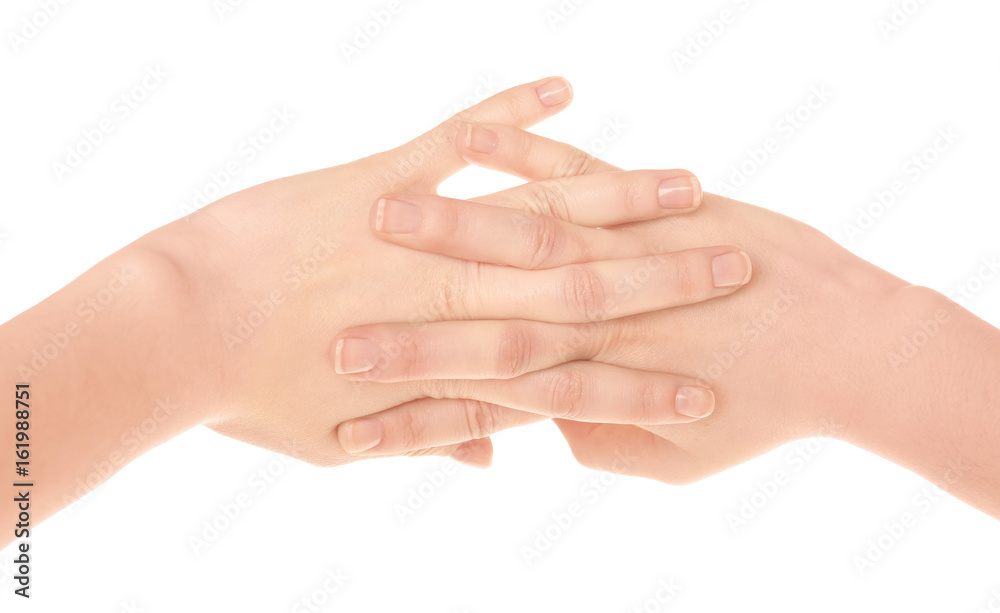 Hands of woman suffering from pain in joints on white background. Concept of orthopedist attendance Hands of woman suffering from pain in joints on white background. Concept of orthopedist attendance