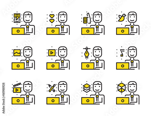 Worker man with laptop outline icon set. Creative work and social media. Modern minimalistic style. Pixel perfect thin line icons design. vector illustration