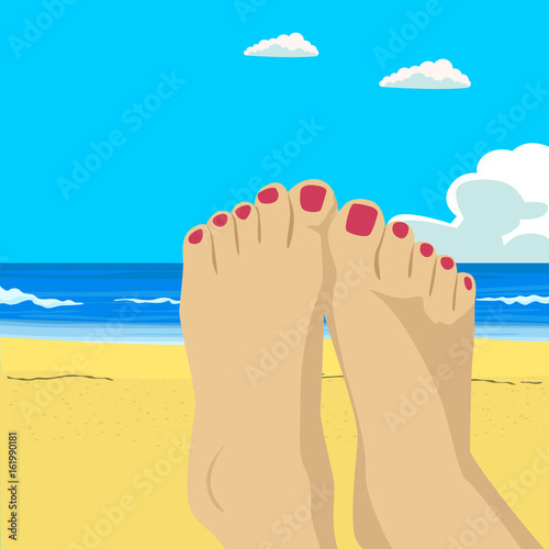 Woman feet closeup. Girl relaxing on beach on sunbed enjoying sun on sunny summer day. Vacation holidays.