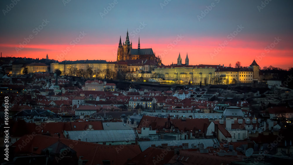 Prague Castle and Mala Strana or Little Quarter at night, Prague, Czech Republic.