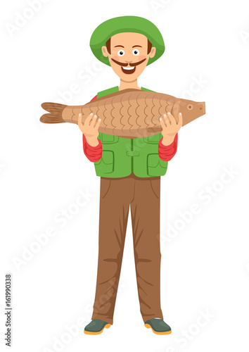 Cute fishman with mustache holding a big fish