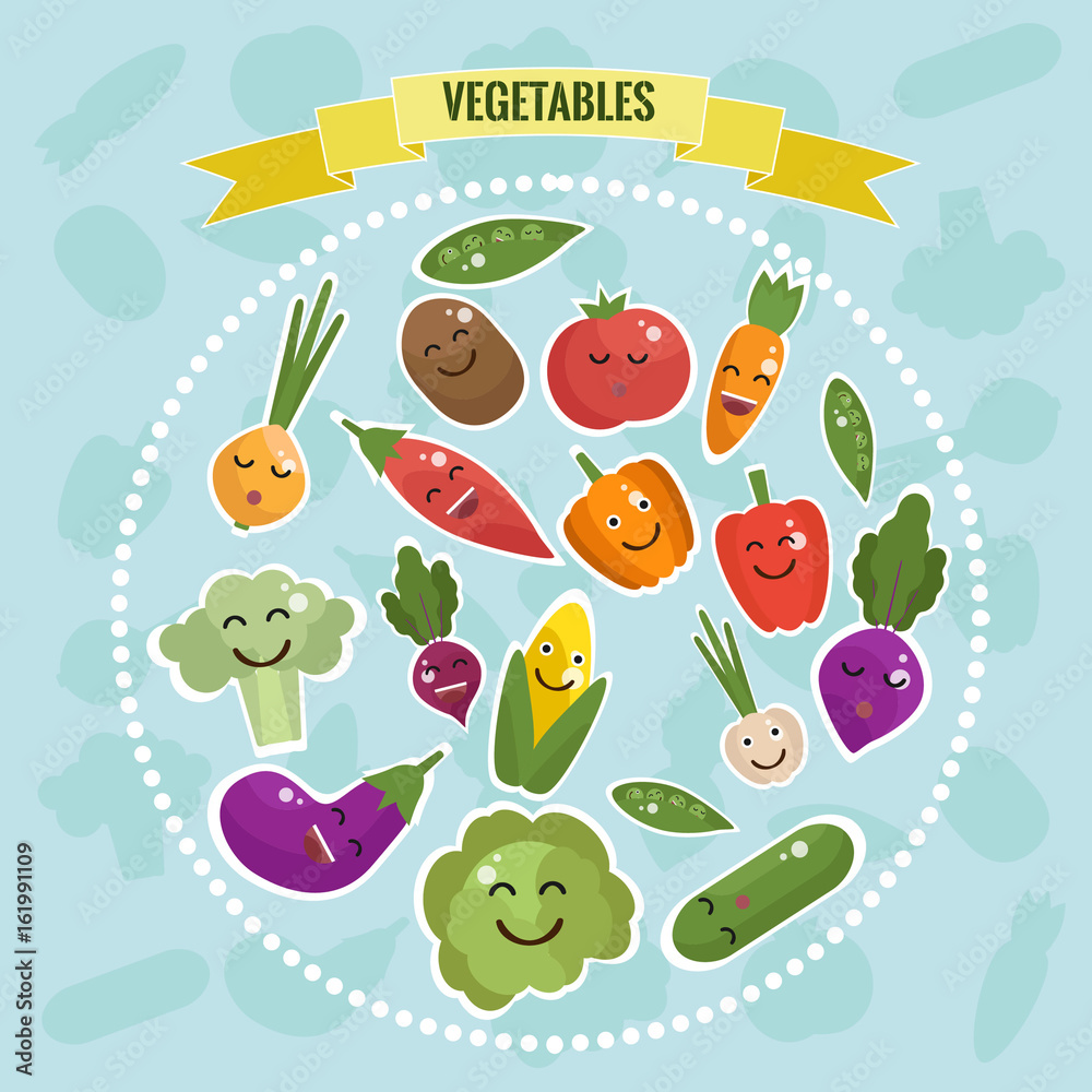 Cartoon vegetables with faces bright colored flat set, isolated icons with  outline on blue background in frame with inscription Stock Illustration |  Adobe Stock