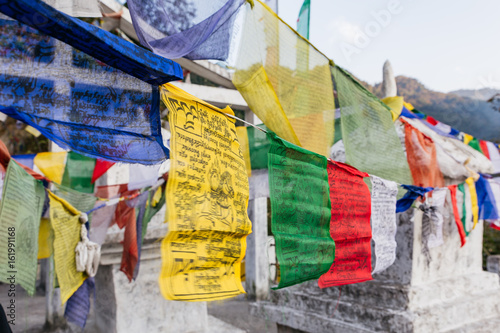 Tibetan Buddhist Prayer Flag include red, green, yellow, blue and white colors in North Sikkim, India.