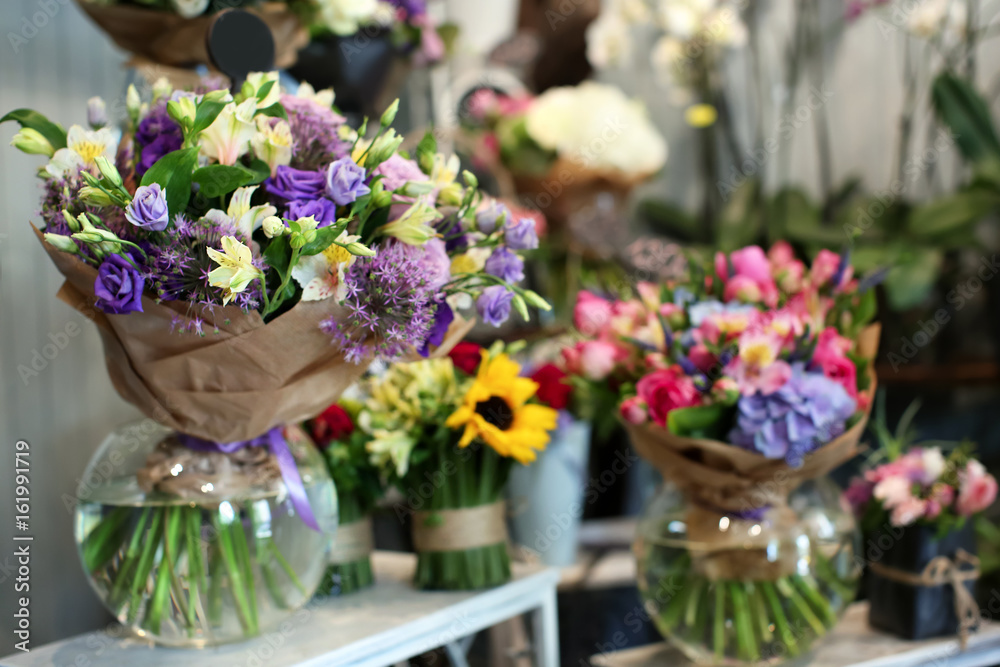 Colorful blooming bouquet of flowers in shop