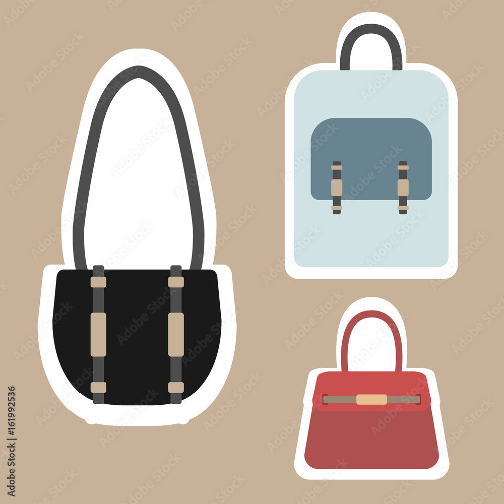 Female handbags with white outline isolated on brown background. Stickers style black, blue, red bag Female handbags with white outline isolated on brown background. Stickers style black, blue, red bag