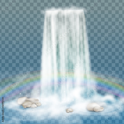Realistic vector waterfall with clear water, rainbow and bubbles. Natural element for design landscape images. Isolated on transparent background.