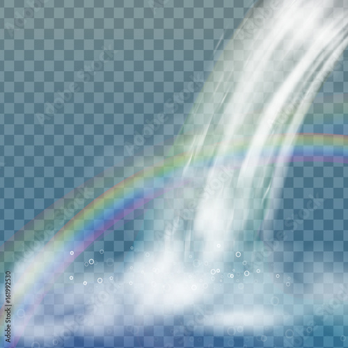 Realistic vector waterfall with clear water, rainbow and bubbles. Natural element for design landscape images. Isolated on transparent background.