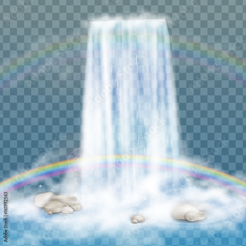 Realistic vector waterfall with clear water, rainbow and bubbles. Natural element for design landscape images. Isolated on transparent background.