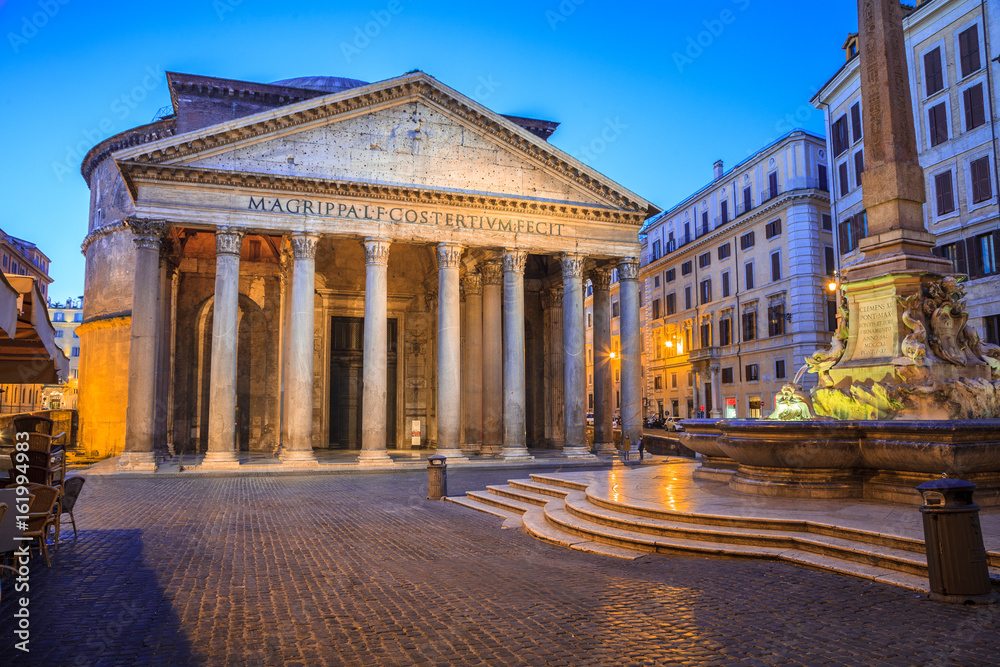 Pantheon at sunrise, Rome, Italy, Europe. Rome ancient temple of all the gods. Rome Pantheon is one of the best known landmarks of Rome and Italy.