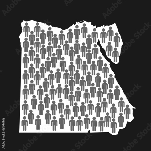 Silhouette of Egypt with symbols of man. Human overpopulation in Egyptian state - crowded area, uncontrolled birth rate, overcrowded population and demographic increase of inhabitation